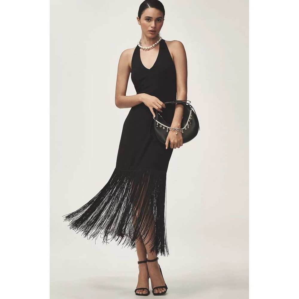 Nwt Size S - Hutch Plunge Halter Fringe Knit Midi Dress (Nwt Us$ 248)